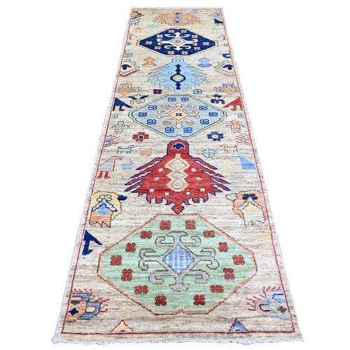 Tan Color, Anatolian Village Inspired with Large Design Elements and Bird Figurines Pure Wool Hand Knotted Oriental Runner 