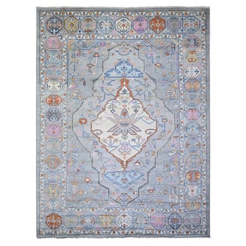 Cloud Gray, Anatolian Village Inspired with Large Medallion Natural Dyes, Pure Wool Hand Knotted, Oriental Rug