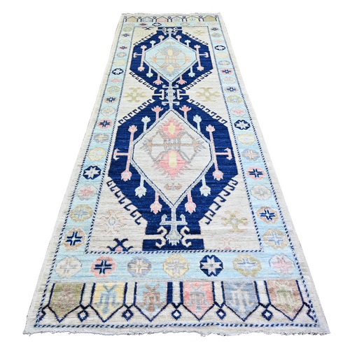 Ivory, Anatolian Village Inspired with Large Elements Natural Dyes, Extra Soft Wool Hand Knotted, Wide Runner Oriental 