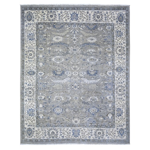 Electric Gray and Delicate White, Heriz All Over Design with Serrated Leaf Pattern, Pure Wool, Hand Knotted, Oriental Rug