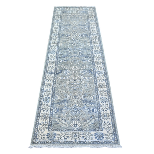 Sea Gray, Natural Wool, Hand Knotted, Heriz All  Over Design with Serrated Leaf Pattern, Runner Oriental Rug