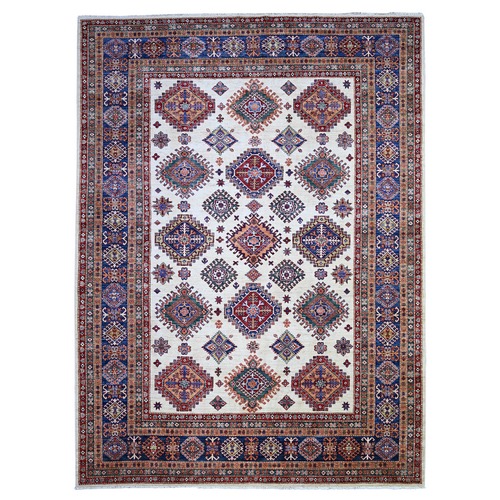 Porcelain White, Organic Wool, Hand Knotted, Dense Weave, Vegetable Dyes, Afghan Super Kazak with All Over Medallions, Oriental 
