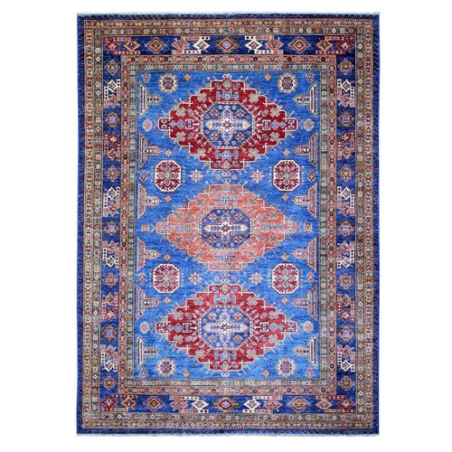 Sapphire with Navy Blue, Hand Knotted Afghan Super Kazak with Tribal Medallion Design, Natural Dyes Densely Woven, Soft Wool, Oriental Rug