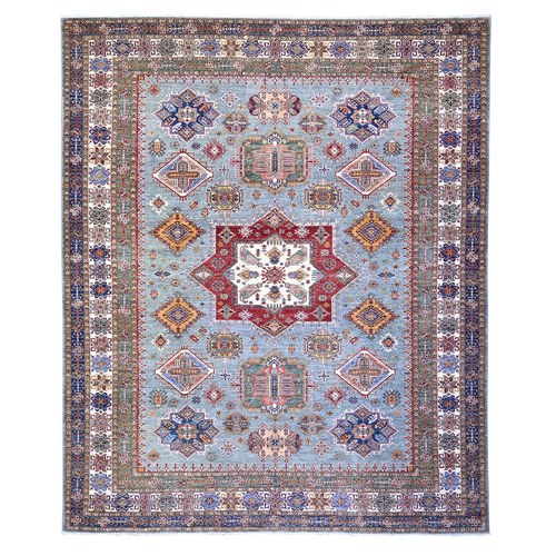 Blue Gray, Hand Knotted Afghan Super Kazak with Tribal Medallions Design, Natural Dyes Densely Woven, Extra Soft Wool, Oversized Oriental Rug