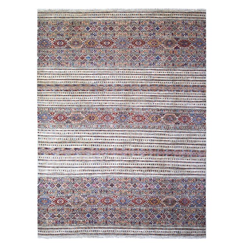 Vista White, Afghan Super Kazak with Khorjin Design with Colorful Tassels, Natural Dyes, Densely Woven Ghazni Wool, Hand Knotted, Oriental Rug