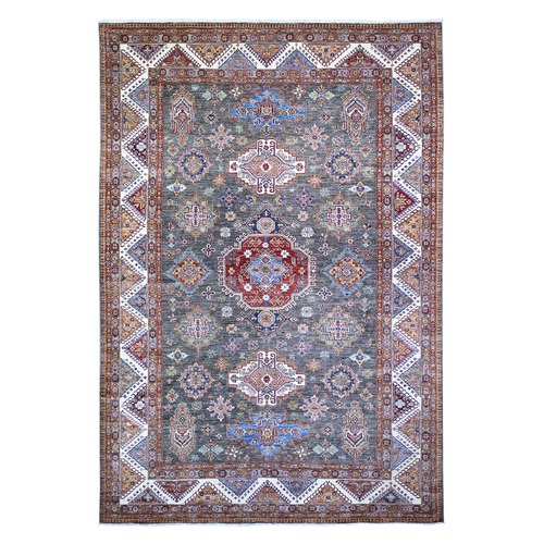 Anchor Gray with Pop of Colors, Hand Knotted, Caucasian Design, Afghan Super Kazak With colorful Geometric Medallions, Organic Wool, Rectangle Oriental Rug