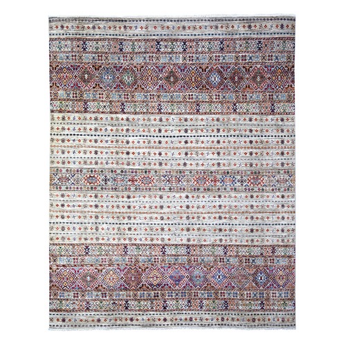 Spatial White, Natural Dyes Densely Woven Shiny Wool Hand Knotted, Afghan Super Kazak with Khorjin Design with Colorful Tassels, Oriental 