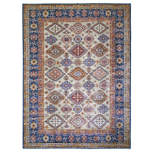 Goose Gray, Vegetable Dyes, Natural Wool, Hand Knotted, Densely Woven, Afghan Super Kazak with Geometric Elements, Oriental Rug