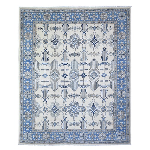 Atrium White with Ruddy Blue, Hand Knotted Afghan Vintage Look Kazak Natural Wool Oriental Rug