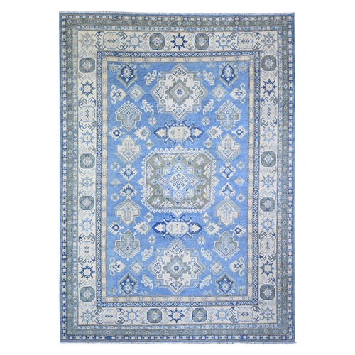 Argentina Blue with Abstract White, Soft Wool, Vegetable Dyes, Hand Knotted, Vintage Look Kazak with Geometric Elements, Oriental 