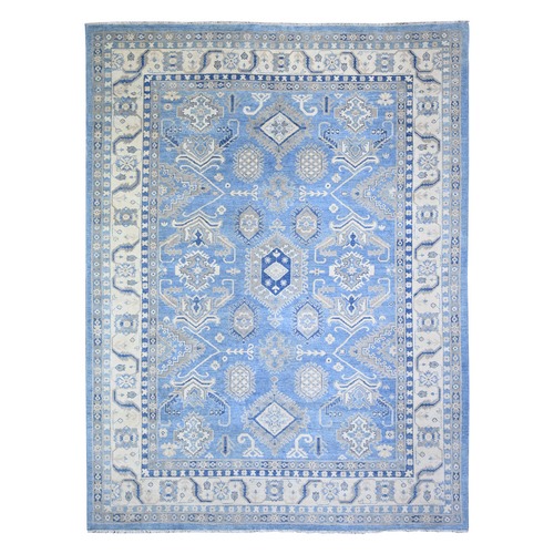 Maya Blue with Commercial White, Afghan Vintage Look Kazak, Natural Dyes, Hand Knotted, Densely Woven, High Grade Wool, Oriental Rug