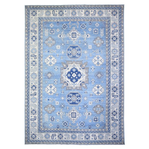 Rudy Blue with Commercial White, Hand Knotted, Soft Wool, Vintage Look Kazak with Large Elements, Vegetable Dyes, Oriental Rug