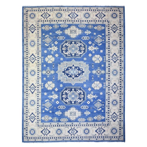 Berry Blue with Huntington White, Vintage Look Kazak with Large Medallions Design High Grade Wool, Hand Knotted, Natural Dyes, Oriental Rug