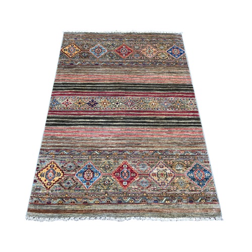Vintage Gray, All New Hand Knotted, Extra Soft Pure Wool, Super Kazak Khorjin With Colorful Motifs, Oriental Rug
