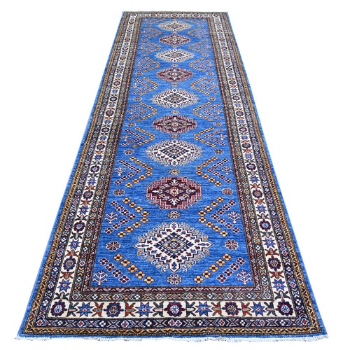 Violet Blue, Afghan Super Kazak With Geometric Medallions, Natural Dyes, Densely Woven, Natural Wool, Hand Knotted, Runner Oriental 