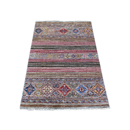 Medium Gray, Hand Knotted, Vibrant Wool,  Afghan Super Kazak with Khorjin Design With Colorful Tassels, Dense Weave, Natural Dyes, Oriental Rug