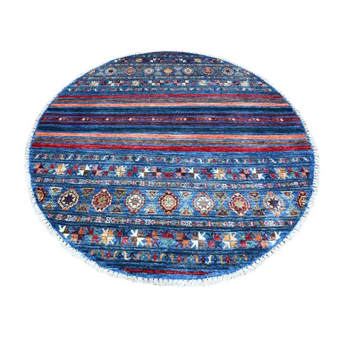 Ultramarine Blue, Natural Dyes Afghan Super Kazak with Khorjin Design Dense Weave Pure Wool, Hand Knotted, Round Oriental 