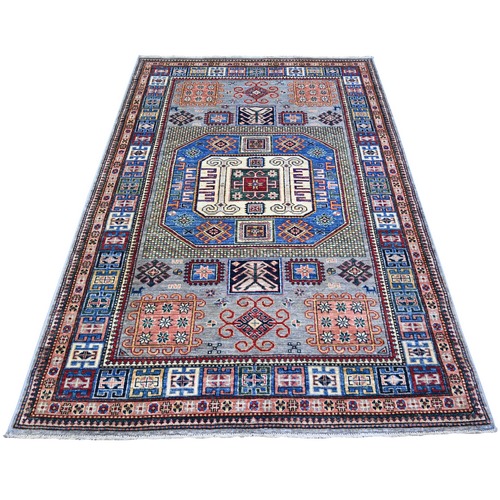 Uranian Blue, Shiny and Soft Wool, Natural Dyes, Hand Knotted, Afghan Super Kazak with Geometric Medallions, Natural Dyes, Oriental Rug