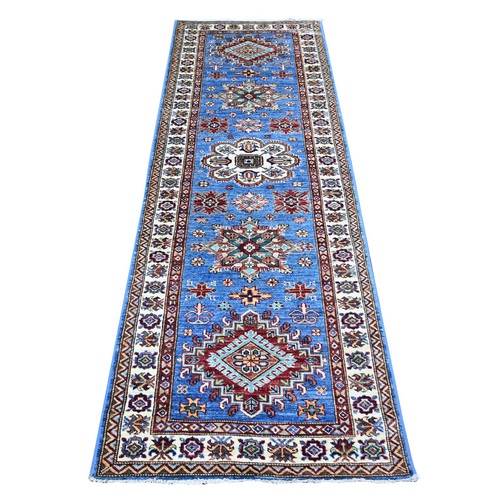 Sapphire Blue with Swan White, Afghan Super Kazak with Tribal Medallion Design, Natural Dyes, Hand Knotted,  Densely Woven, Natural Wool, Runner Oriental Rug