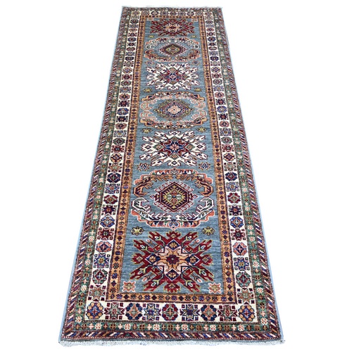 Oxford Gray, Afghan Super Kazak With Geometric Motifs, Multiple Border, Natural Dyes, Densely Woven, Soft Wool, Hand Knotted, Narrow Runner Oriental Rug