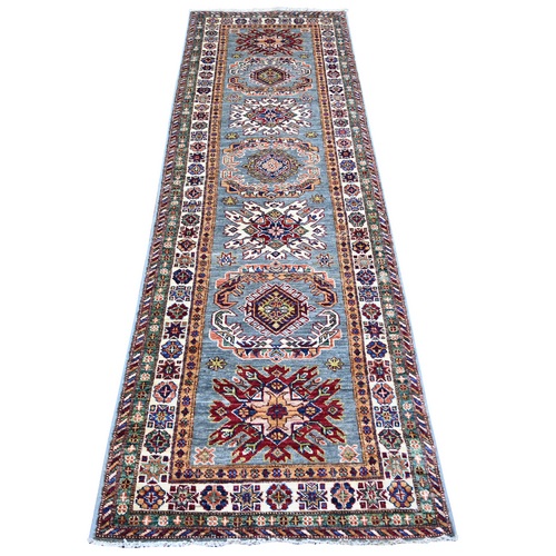 Blue Gray, Afghan Super Kazak with Tribal Medallions Design, Natural Dyes Dense Weave, Pure Wool Hand Knotted, Runner Oriental Rug