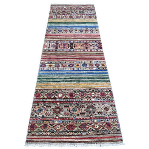 Goose Gray, Vegetable Dyes, Hand Knotted, Extra Soft Pure Wool, Afghan Super Kazak with Khorjin Design with Colorful Motifs, Runner Oriental Rug  