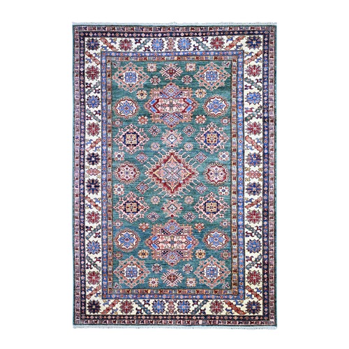 Myrtle Green, 100% Wool, Vegetable Dyes, Afghan Super Kazak with All Over Medallions, Hand Knotted, Oriental Rug