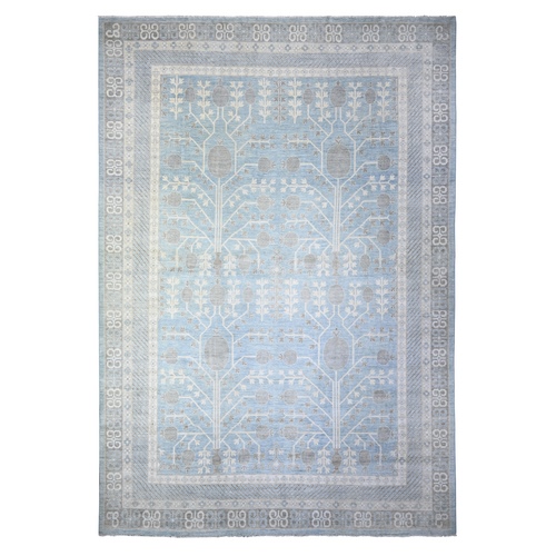 Arctic Blue, Hand Knotted, White Wash Khotan and Samarkand Inspired Pomegranate Design, Organic Wool, Oversized Oriental Rug 