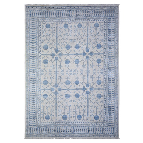 White Diamond and Gentle Gray, Washed Out Khotan and Samarkand Inspired Pomegranate Design, Pure Wool, Hand Knotted, Oriental Rug 