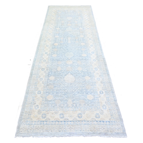 Glaucous Gray, High Grade Wool, Hand Knotted, Washed Out Khotan and Samarkand Inspired Pomegranate Design, Runner Oriental Rug 