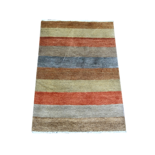 Mixed Brown and Gray, Hand Knotted, Soft Wool, On Clearance, Striped Modern Gabbeh with Gradation Design, Mat Oriental 