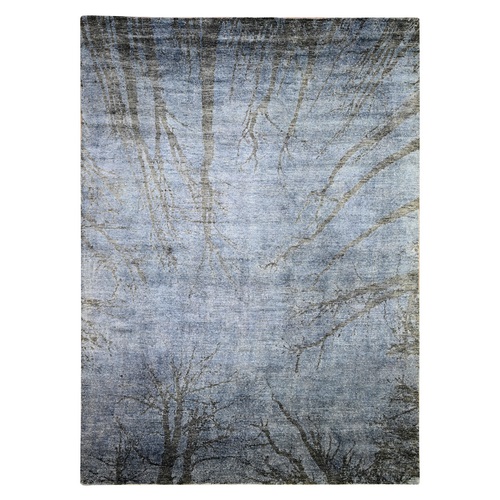 Blue Gray, Modern Tree in the Dusk Design, 100% Wool, Natural Dyes, Tone on Tone, Hand Knotted, Oriental Rug