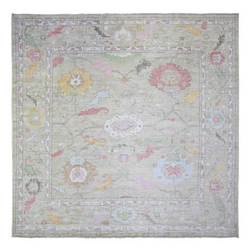 Laurel Green, Hand Knotted Extra Soft Wool, Natural Dyes Afghan Angora Oushak with Colorful Motifs, Square Oriental Rug