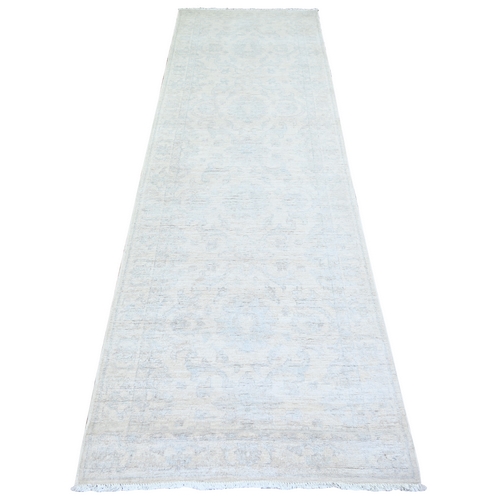Feather White, White Wash Peshawar with Faded Colors Vegetable Dyes, Soft Wool Hand Knotted, Runner Oriental 