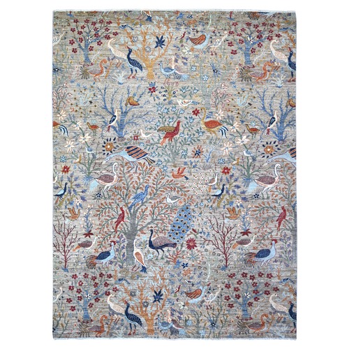 Gainsboro Gray, Pure Wool, Hand Knotted, Vegetable Dyes, Bird of Paradise Afghan Peshawar Design, Abrash, Oriental Rug