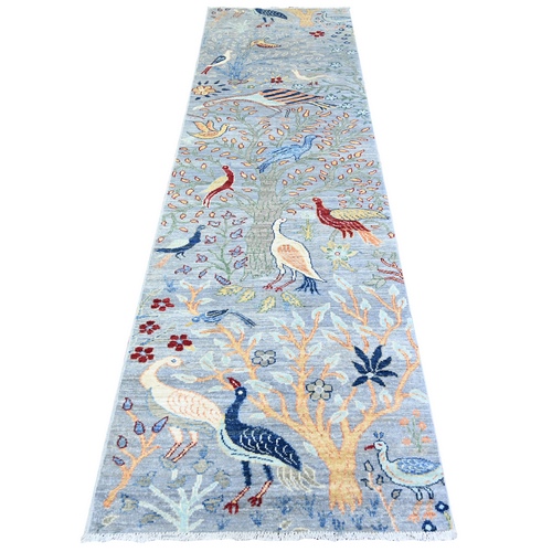 Blue Gray, Birds of Paradise Tree of Life Afghan Peshawar, Organic Wool, Hand Knotted, Runner Oriental Rug 