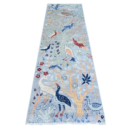 Chrome Gray, Afghan Peshawar, 100% Wool, Birds of Paradise Tree of Life, Hand Knotted, Runner Oriental Rug 