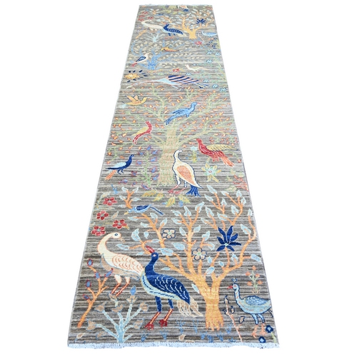 Lava Gray, Birds of Paradise, Abrash, Hand knotted Pure Wool Afghan Peshawar Area, Vegetable Dyes, Runner Oriental Rug 