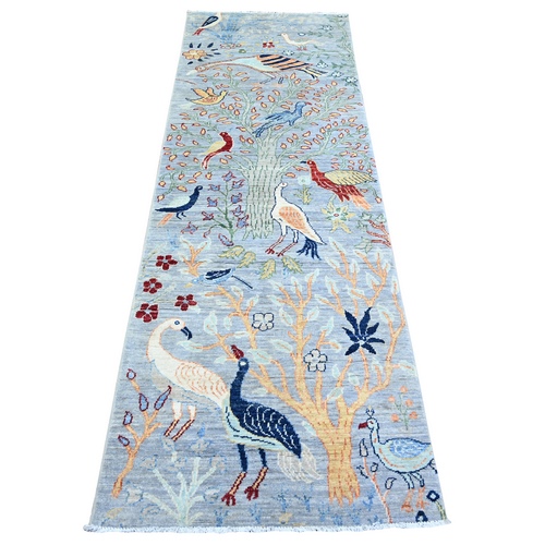 Coin Gray, Afghan Peshawar with Birds of Paradise Tree of Life Design, Abrash, Natural Wool, Hand Knotted, Runner Oriental Rug 