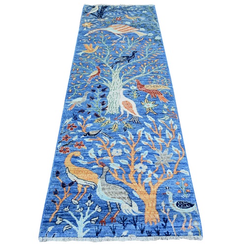 Berry Blue, Hand Knotted, Afghan Peshawar with Birds of Paradise, Abrash, Pure Wool, Vegetable Dyes, Runner Oriental 