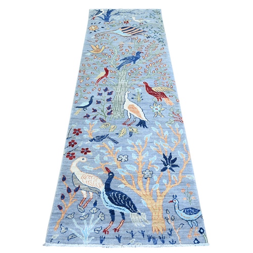 Oxford Gray, Afghan Peshawar with Birds of Paradise Design, Abrash, Vegetable Dyes, 100% Wool, Hand Knotted, Runner Oriental Rug