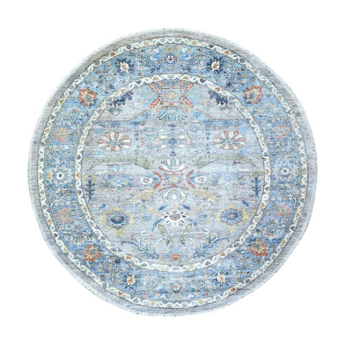 Blue Gray, Ziegler Mahal, Hand Knotted, Pure Shiny Wool, Vegetable Dyes, Round Oriental 