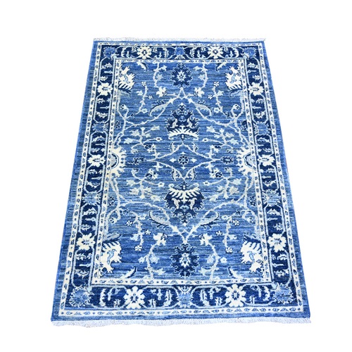 Azure and Yale Blue, Vegetable Dyes, Shiny and Soft Wool,  Hand Knotted, All Over Mahal Design, Oriental 