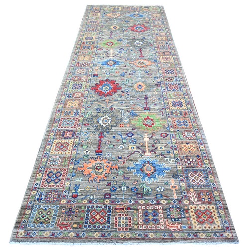 Ice Gray, Peshawar with Colorful Mahal Design with Heavy Large Elements and Wide Border, Hand Knotted Pure Wool, Wide Runner Oriental Rug
