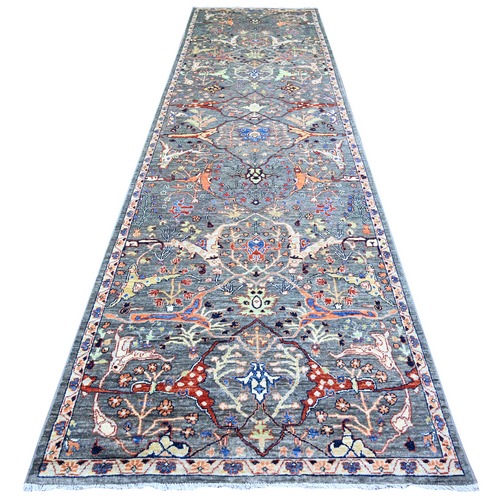 Blue Gray, Bidjar Garus Design with Narrow Border, Natural Dyes, Vibrant Wool, Hand Knotted, Wide Runner Oriental 