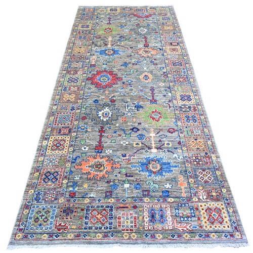 Echo Gray, Densely Woven, Natural Dyes, Peshawar with Colorful Mahal Design with Heavy Large Elements and Wide Border, Hand Knotted, 100% Wool, Wide Runner Oriental Rug