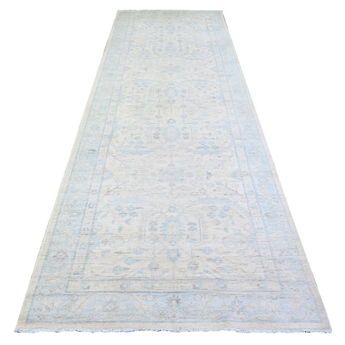 Feather White and Uranian Blue, Washed Out Peshawar with Faded Colors, Vegetable Dyes, Shiny Wool, Hand Knotted, Wide Runner Oriental 