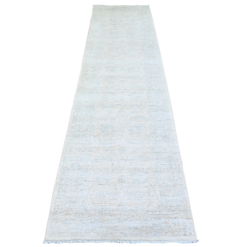 Daisy White, Washed Out Peshawar with Soft Colors Natural Dyes, Pure Wool Hand Knotted, Runner Oriental Rug 