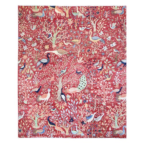 Prismatic Red, Natural Dyes, Pure Wool, Hand Knotted, Afghan Peshawar with Birds of Paradise Design, Abrash, Oriental 