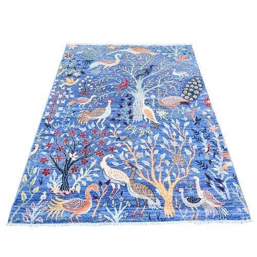 Boeing Blue, Birds of Paradise Tree of Life Afghan Peshawar, Organic Wool, Hand Knotted, Oriental Rug 